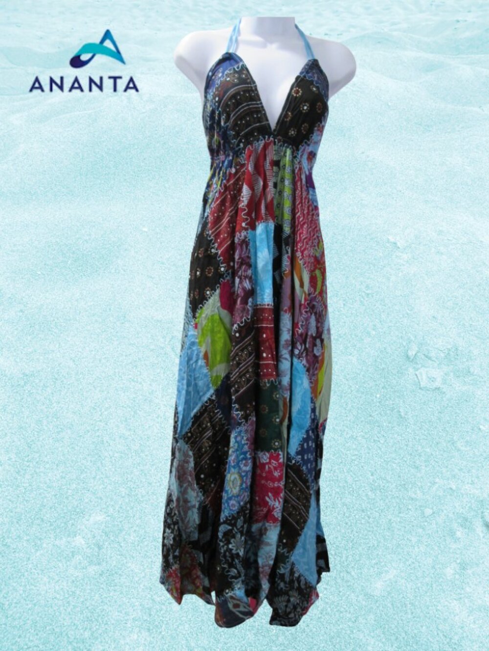 Blue Patchwork Boho Ananta Halter Dress NWT Sz OS